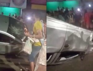 CARRO REVIRADO: população entra em fúria após motorista atropelar 4 pessoas na calçada; veja vídeo