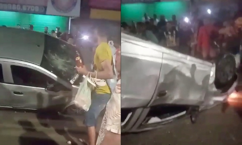 CARRO REVIRADO: população entra em fúria após motorista atr0pelar 4 pessoas na calçada; veja vídeo