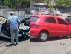 Acidente em cruzamento deixa carro capotado no Adrianópolis