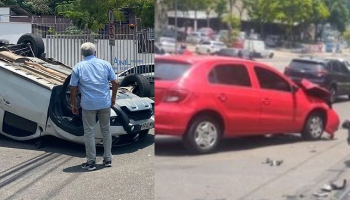 Acidente em cruzamento deixa carro capotado no Adrianópolis