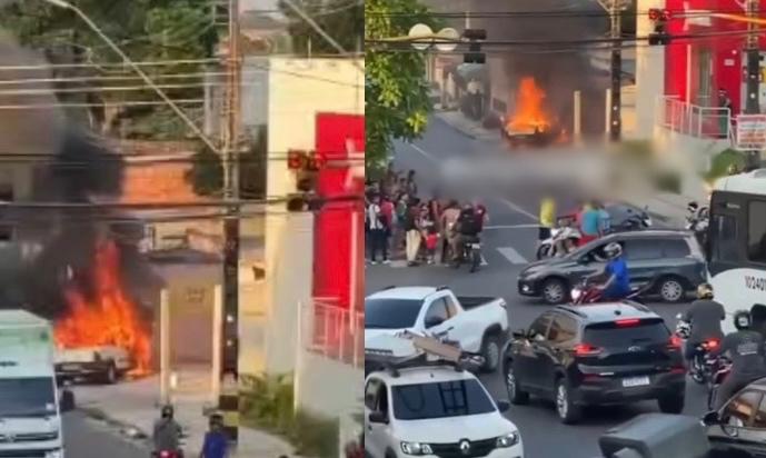 Desespero e correria: carro pega fogo e deixa trânsito caótico em Manaus; veja vídeos