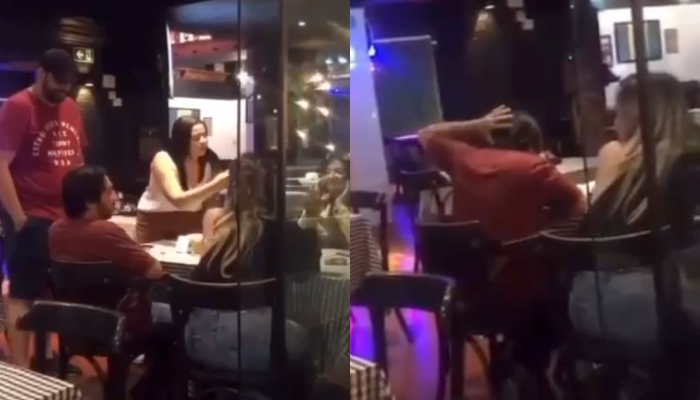 Sextou: esposa surta ao flagrar marido jantando com loirinha turbinada e morena fogosa; veja vídeo