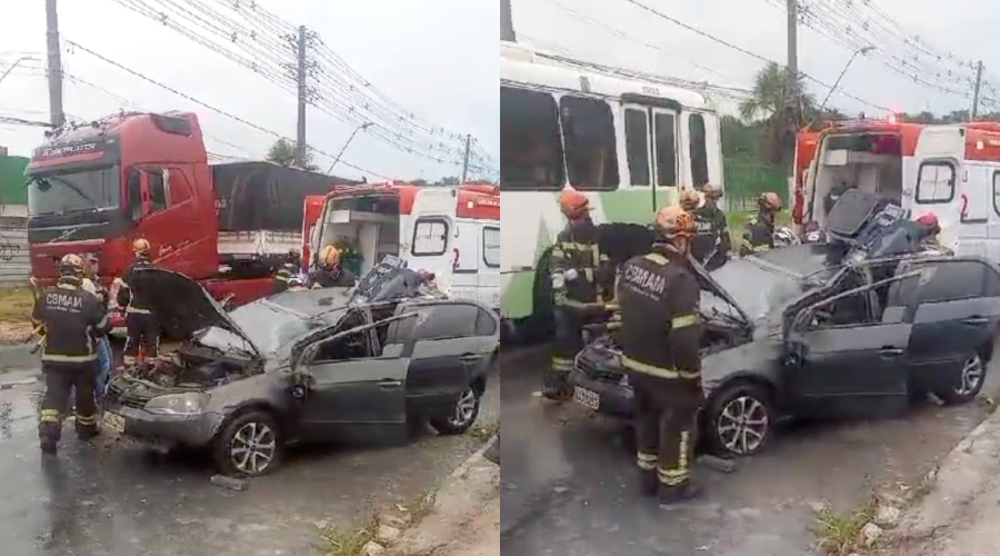 Motorista fica preso em ferragens durante grave acidente em Manaus; veja vídeo