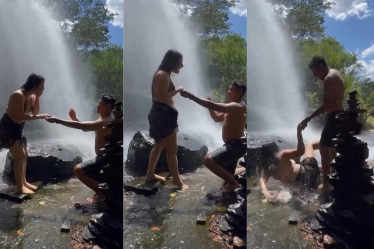 Amor I Love You: veja o momento que mulher é pedida em noivado e escorrega em cachoreira; vídeo