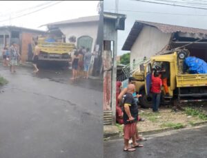 Caminhão fica desgovernado, invade casa e atinge motoqueiro no bairro Tancredo Neves; veja vídeo