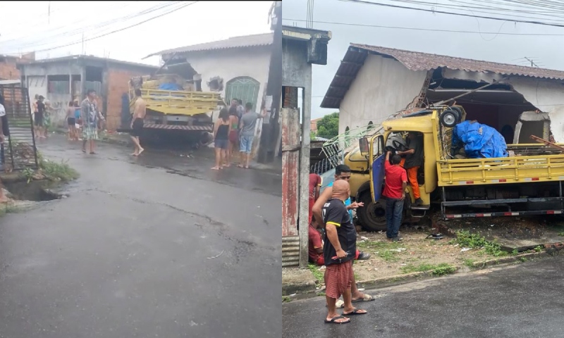 Caminhão fica desgovernado, invade casa e atinge motoqueiro no bairro Tancredo Neves; veja vídeo