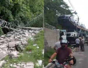 Caminhão-cegonha perde controle e derruba muro da Base Aérea de Manaus; veja vídeo