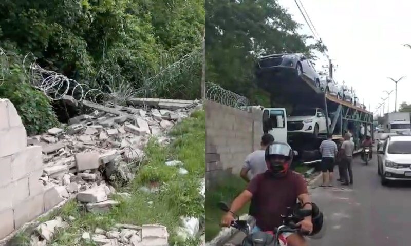 Caminhão-cegonha perde controle e derruba muro da Base Aérea de Manaus; veja vídeo