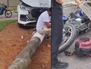 URGENTE: Grave ac1dente deixa motoqueiro pres0 debaixo de poste ao lado da Ponta Negra; veja vídeo