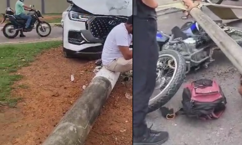 URGENTE: Grave ac1dente deixa motoqueiro pres0 debaixo de poste próximo da Ponta Negra; veja vídeo