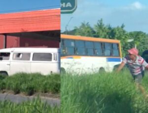 'O BOM DE MIRA': motorista acerta pedrada certeira em janela de "Kombi arretada"; veja vídeo