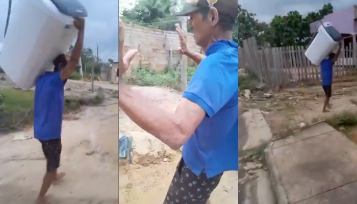 “Ai mamãe, ai meu Deus!”: ladrão recebe ‘carinho da população’ após roubar maquina de lavar de dona de casa; veja vídeo