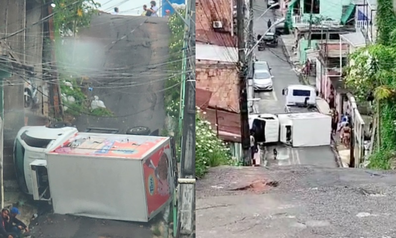 “Ladeira maldita”: caminhão de sorvete tomba no bairro Redenção, em Manaus; veja vídeo