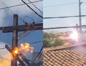 Homem é 'torr4do' em poste de energia após tentar fazer "gato"; veja vídeo