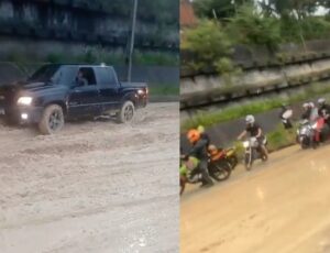 "Tá parecendo a BR-319": carros atolam após avenida das Torres fica coberta de barro e lama; veja vídeo