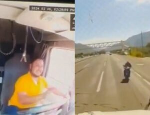 Motorista de caminhão fica traumatizado após motoqueiro invadir a contramão; veja vídeo