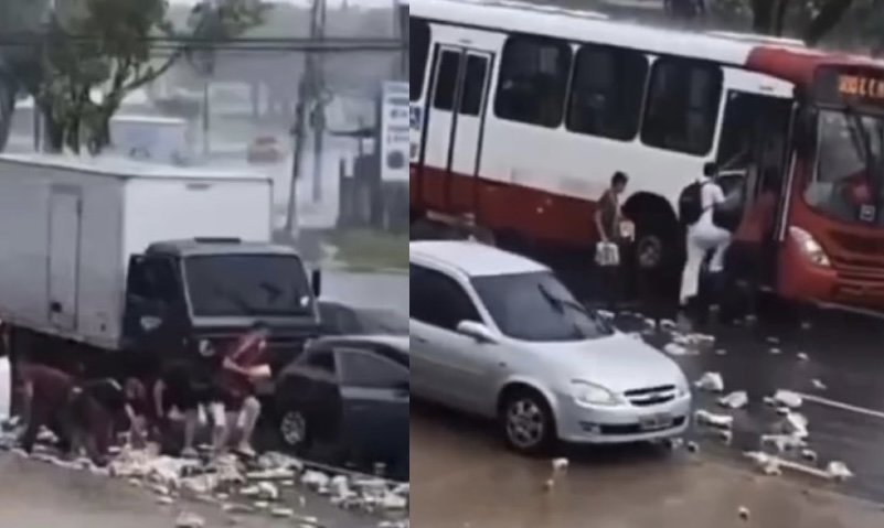 População faz a festa com carga de cerveja que tombou no Coroado; veja vídeo