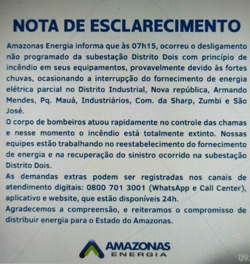 Incêndio em subestação da Amazonas Energia deixa bairros de Manaus sem luz