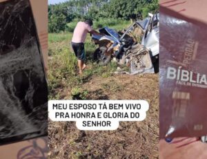 Sobrevivente mostra bíblia com sangue e carro destruído após batida na BR-163; veja vídeo