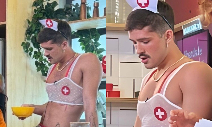 João Guilherme, filho do cantor Leonardo, se veste de enfermeira sexy para gravar com Defante e causa polêmica