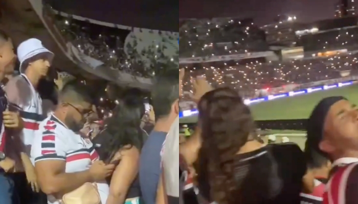 Sem timidez: morena é flagrada fazendo ‘aventuras de amor’ em estádio lotado; veja vídeo