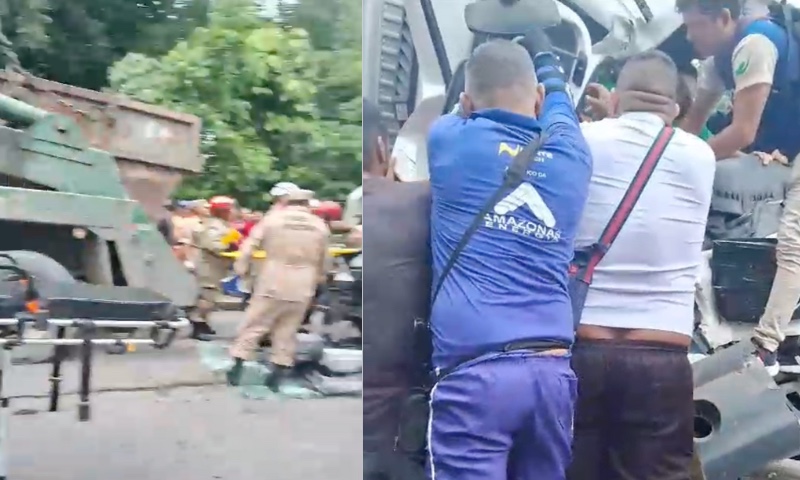 URGENTE: caminhão bate em caçamba de entulho e dois ficam pres0s nas ferr4gens em Manaus; veja vídeo