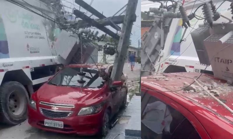 Agora: caminhão de lixo derruba poste e destrói carro no Jorge Teixeira; veja vídeos