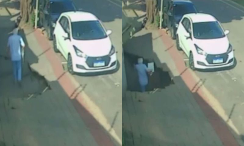 PERIGO! Idoso é ‘engolido’ por cratera que se abriu em calçada; veja vídeo