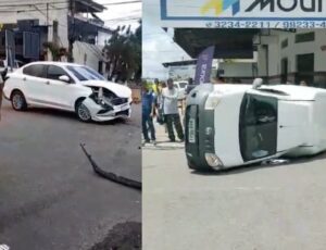 Carro em alta velocidade avança cruzamento e atinge van na Praça 14; veja vídeo