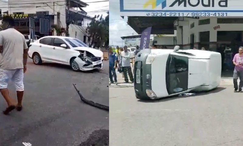 Carro em alta velocidade avança cruzamento e atinge van na Praça 14; veja vídeo