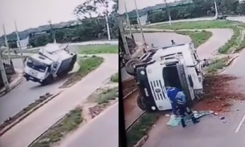 Livramento: motorista de caminhão tombado escapa por um fio de ser esmagad0; veja vídeo