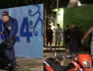No interior do AM é assim: tropa da polícia cai no 'jiu jitsu' contra galerosos no meio da rua; veja vídeo