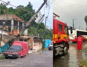 Chuva da madrugada causa estragos em Manaus: poste cai sobre carro e ônibus fica preso em buraco; veja vídeo