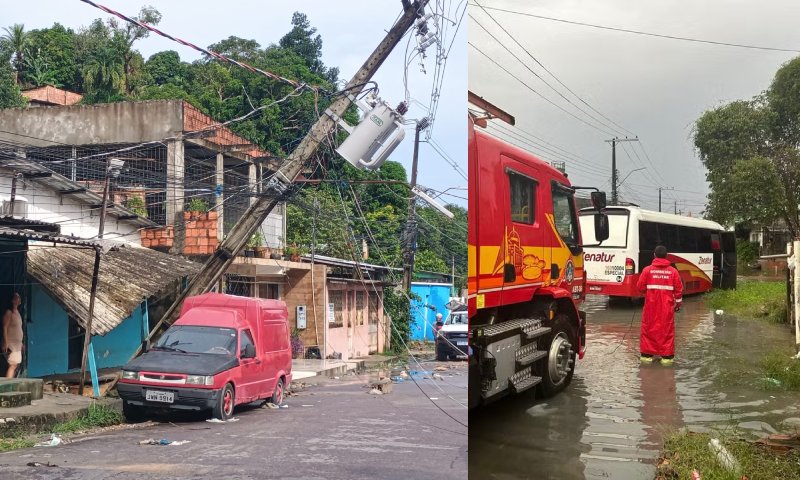 Chuva da madrugada causa estragos em Manaus: poste cai sobre carro e ônibus fica preso em buraco; veja vídeo
