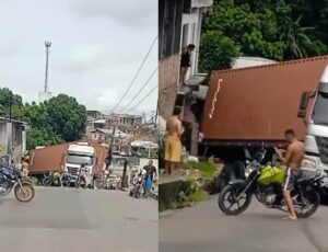 Carreta perde controle ao subir ladeira e atinge casa no bairro Tancredo Neves; veja vídeo