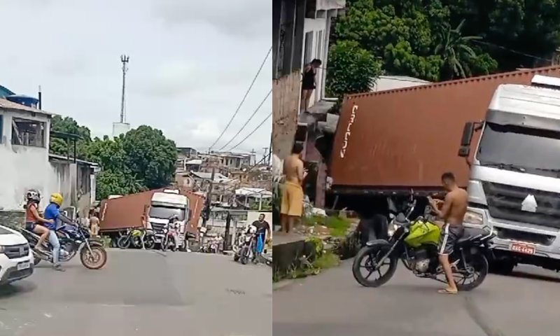 Carreta perde controle ao subir ladeira e atinge casa no bairro Tancredo Neves; veja vídeo