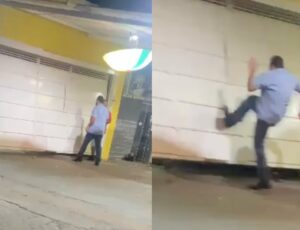 'Levou a pior': valentão chuta portão de bar e recebe lição inesquecível; veja vídeo