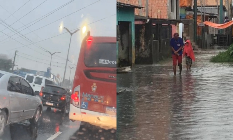 Manaus amanhece debaixo de forte chuva e Defesa Civil emite alerta amarelo