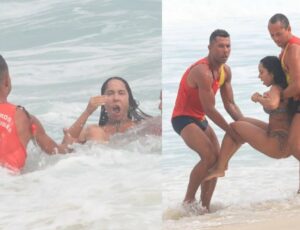 Mulher Melão é resgatada por bombeiros na praia: "mar muito agitado, fiquei sem forças"; veja