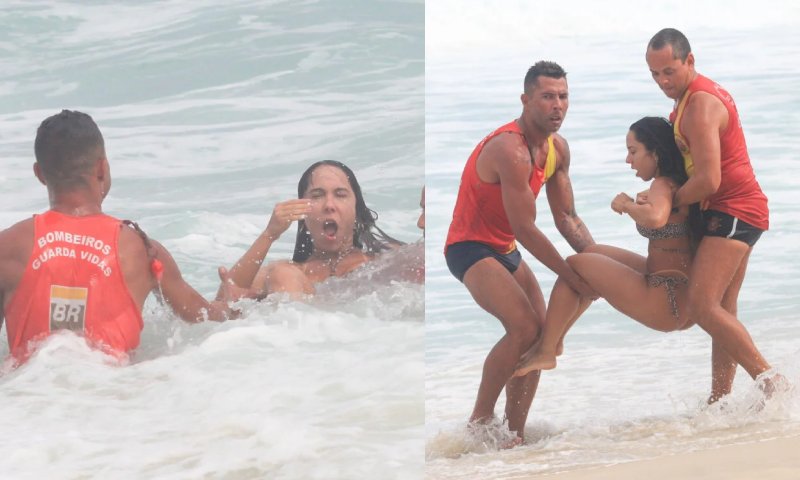 Mulher Melão é resgatada por bombeiros na praia: “mar muito agitado, fiquei sem forças”; veja