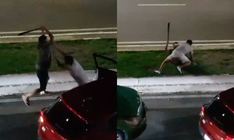 Briga de trânsito: motorista puxa terçado e quase tora braço de valentão em frente do Amazonas Shopping; veja vídeo