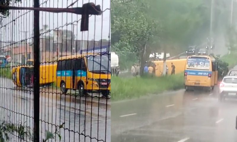 “Amarelinho” capota em pista molhada no bairro Cidade de Deus; veja vídeo