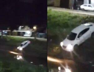 Carro perde controle e cai dentro de Igarapé no bairro Monte das Oliveiras; veja vídeo