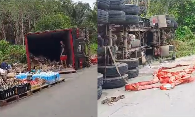 Urgente: carreta tomba na AM-010 e deixa alimentos na pista; veja vídeo
