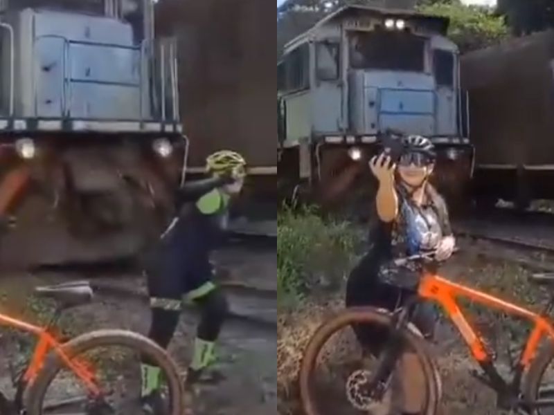 Desesperador: ciclista vai fazer selfie ao lado de trem e o pior acontece; veja vídeo