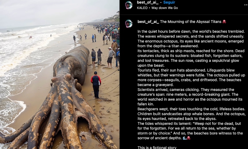 Suposto ‘Polvo gigante na praia da Indonésia’ é na verdade imagem gerada por Inteligência Artificial; veja