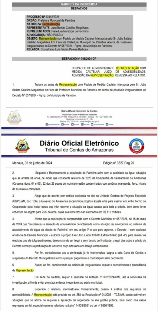 O Tribunal de Contas do Estado do Amazonas (TCE-AM) acatou uma Representação contra a Prefeitura de Parintins, sob o comando de Bi Garcia, por possíveis irregularidades no Decreto 057/2024 – Pgmp, que reconhece a situação de emergência dos serviços de água e esgoto na cidade. A medida foi tomada após denúncias de que, apesar do reconhecimento da crise, nenhuma ação concreta foi implementada para resolver os problemas.

Qualidade da Água em Parintins
Segundo o TCE-AM, a qualidade da água em Parintins é alarmante há anos. Dos 26 poços utilizados para abastecimento, 22 estão contaminados por substâncias como amônia, manganês, ferro, nitrato de alumínio e coliformes, colocando em risco a saúde dos moradores. A situação precária do sistema de água e esgoto vem se arrastando sem solução, apesar do decreto emergencial.

Representação e Investigação
A Representação contra a administração de Bi Garcia foi motivada pela falta de medidas efetivas após a decretação da emergência. O TCE-AM destacou a necessidade de uma investigação aprofundada para identificar as falhas e evitar danos ao erário municipal. A investigação buscará entender por que, mesmo com a decretação de emergência, as ações necessárias para melhorar a qualidade da água e os serviços de esgoto não foram tomadas.

Impacto na População
A contaminação da água em Parintins afeta diretamente a saúde e o bem-estar dos seus habitantes. A presença de contaminantes como amônia, manganês, ferro, nitrato de alumínio e coliformes pode causar uma série de problemas de saúde, desde desconfortos gastrointestinais até doenças mais graves. A inércia administrativa em resolver esses problemas gera indignação e preocupação entre os moradores, que dependem de um abastecimento de água seguro e confiável.