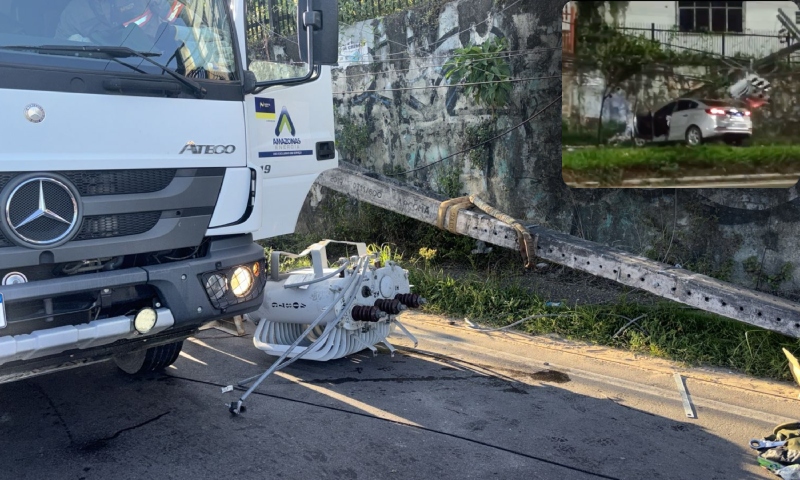 Carro perde controle e derruba poste de energia da avenida Max Teixeira; veja vídeo