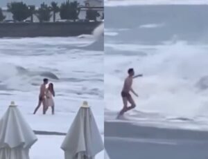 Casal vai tomar banho em praia com mar agitado e o pior acontece; veja vídeo