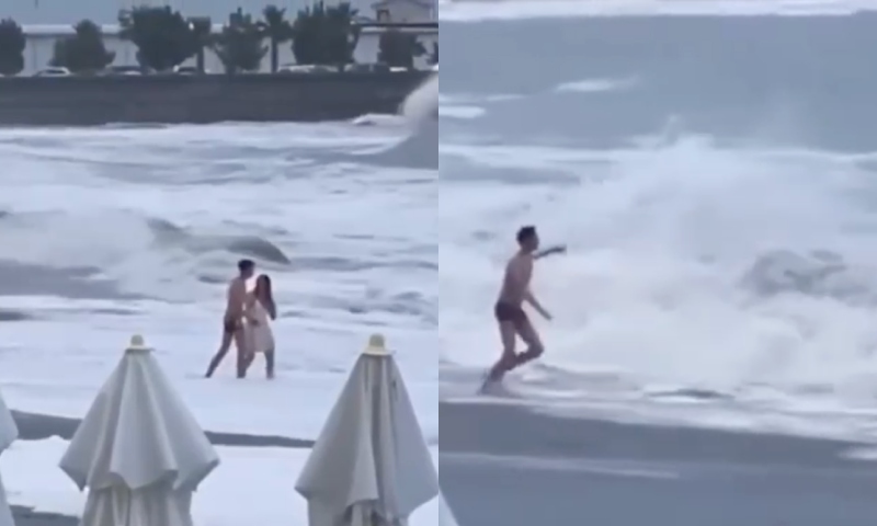 Casal vai tomar banho em praia com mar agitado e o pior acontece; veja vídeo